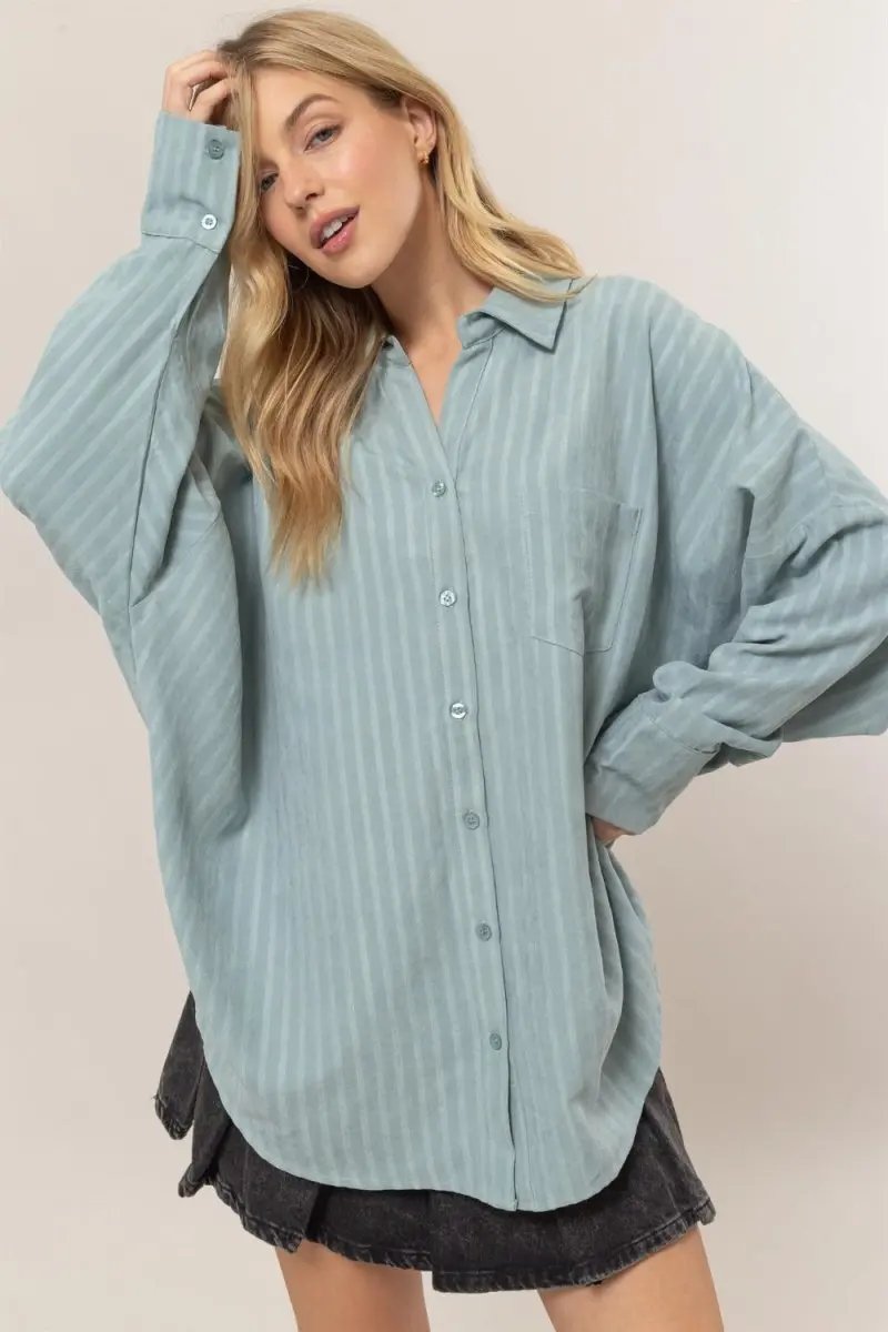 HYFVE Stripe Button Down Long Sleeve Oversized Shirt for Women - Love Salve